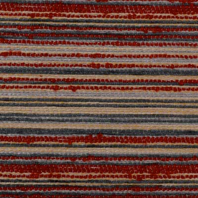 Horizontal striped woven upholstery fabric in red, navy and cream with tan accents and a textured flat-weave pattern.