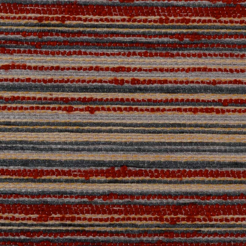 Striped upholstery fabric swatch in red, gray, blue and beige.