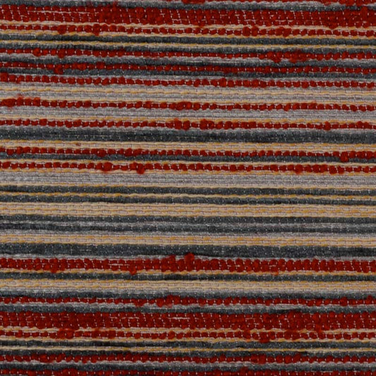 Striped upholstery fabric swatch in red, gray, blue and beige.