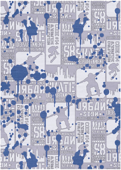 Urban street-art pattern in blue and gray featuring paint splatters, silhouettes, and bold typographic tiles.