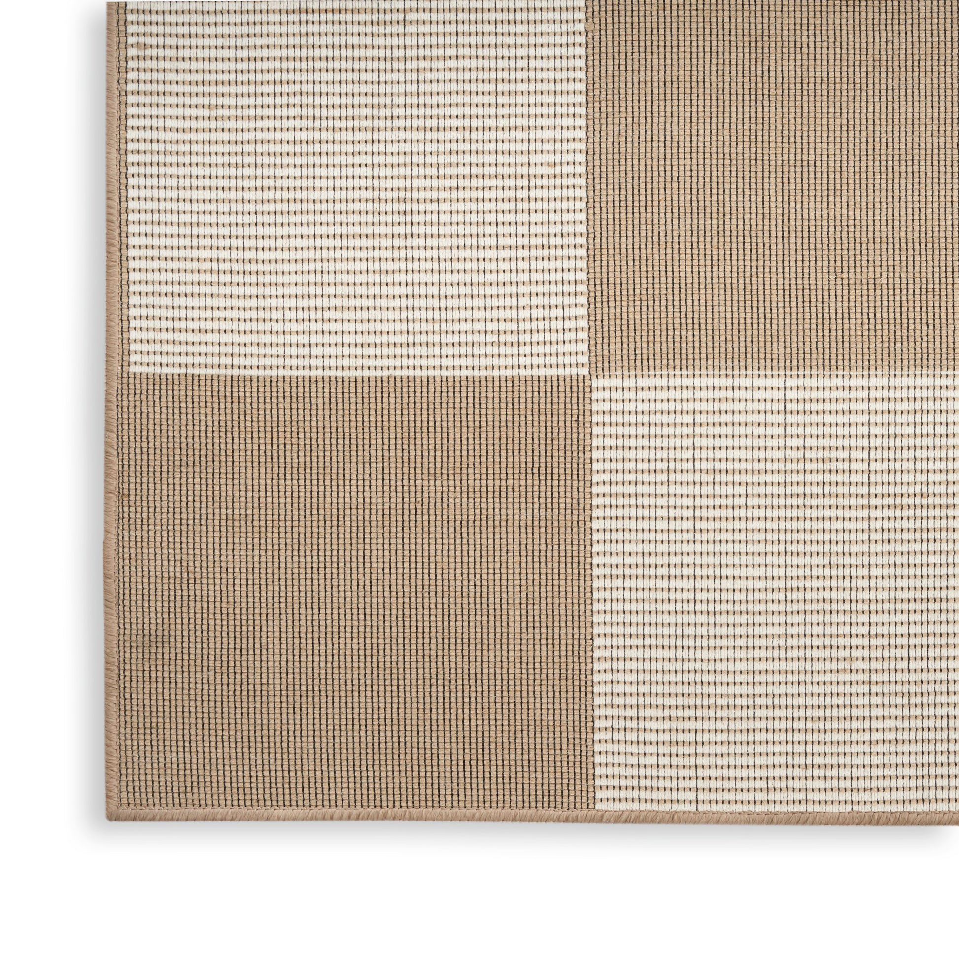 Beige & cream patchwork rug with woven stripe textures & a light border.