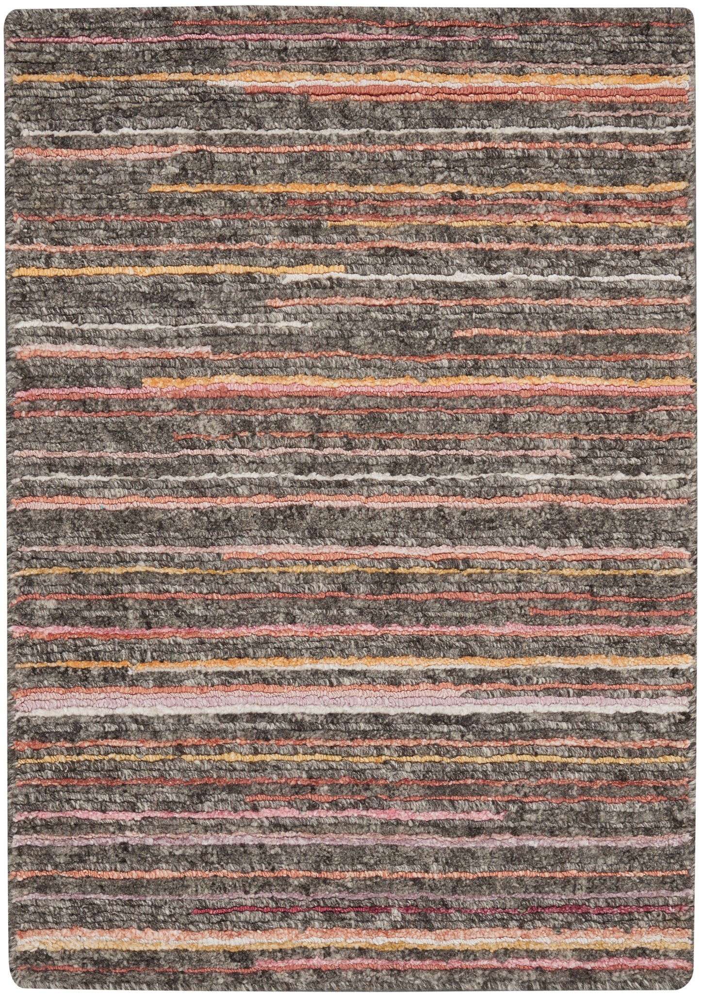 Gray tufted rug with subtle multicolor horizontal stripes in pink, orange, and yellow; soft, shaggy pile.