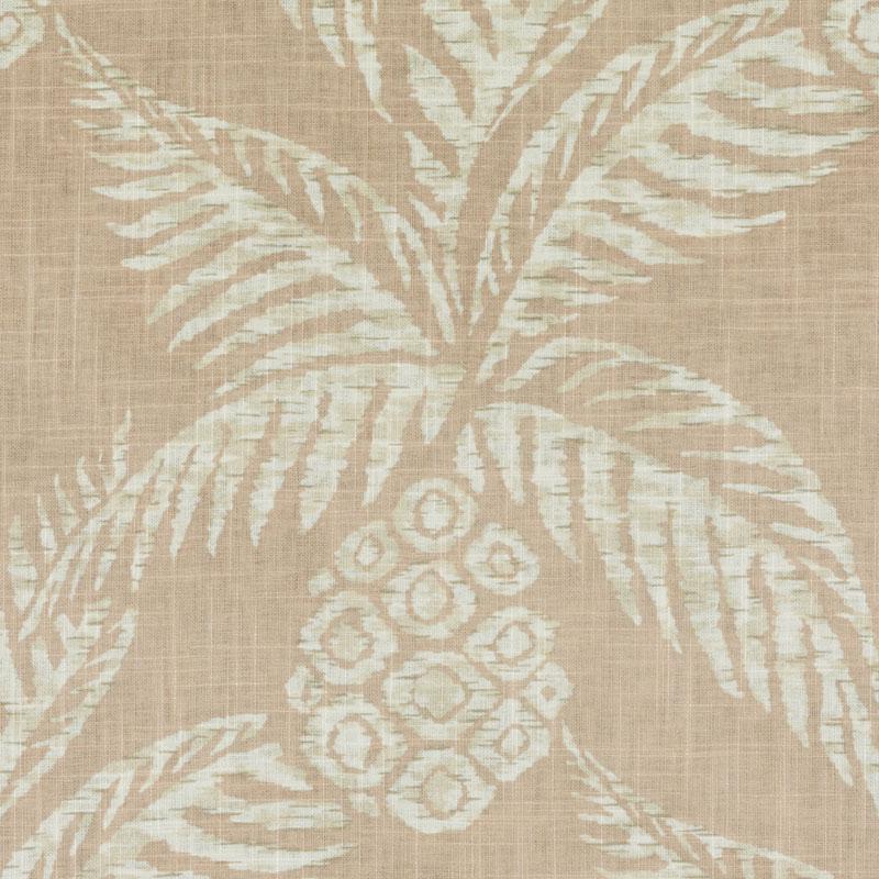 Beige fabric with white palm frond motif, tropical botanical print for upholstery or curtains.