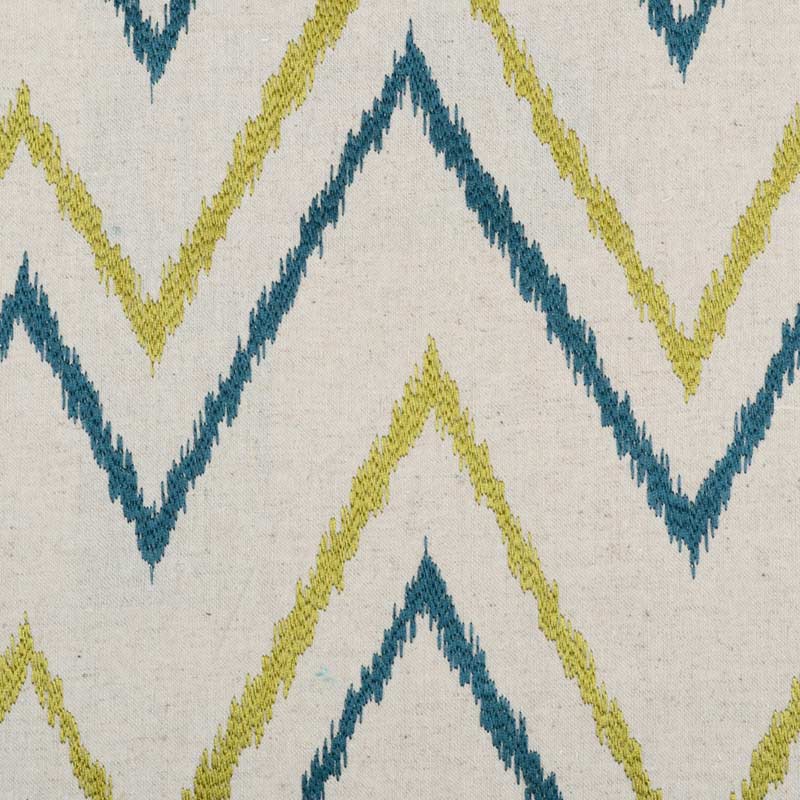 Sea green woven upholstery fabric with a teal and lime chevron zigzag pattern.