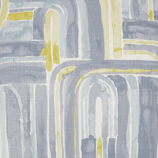 Abstract pastel-blue and gray fabric with white and yellow curved arches and geometric blocks.