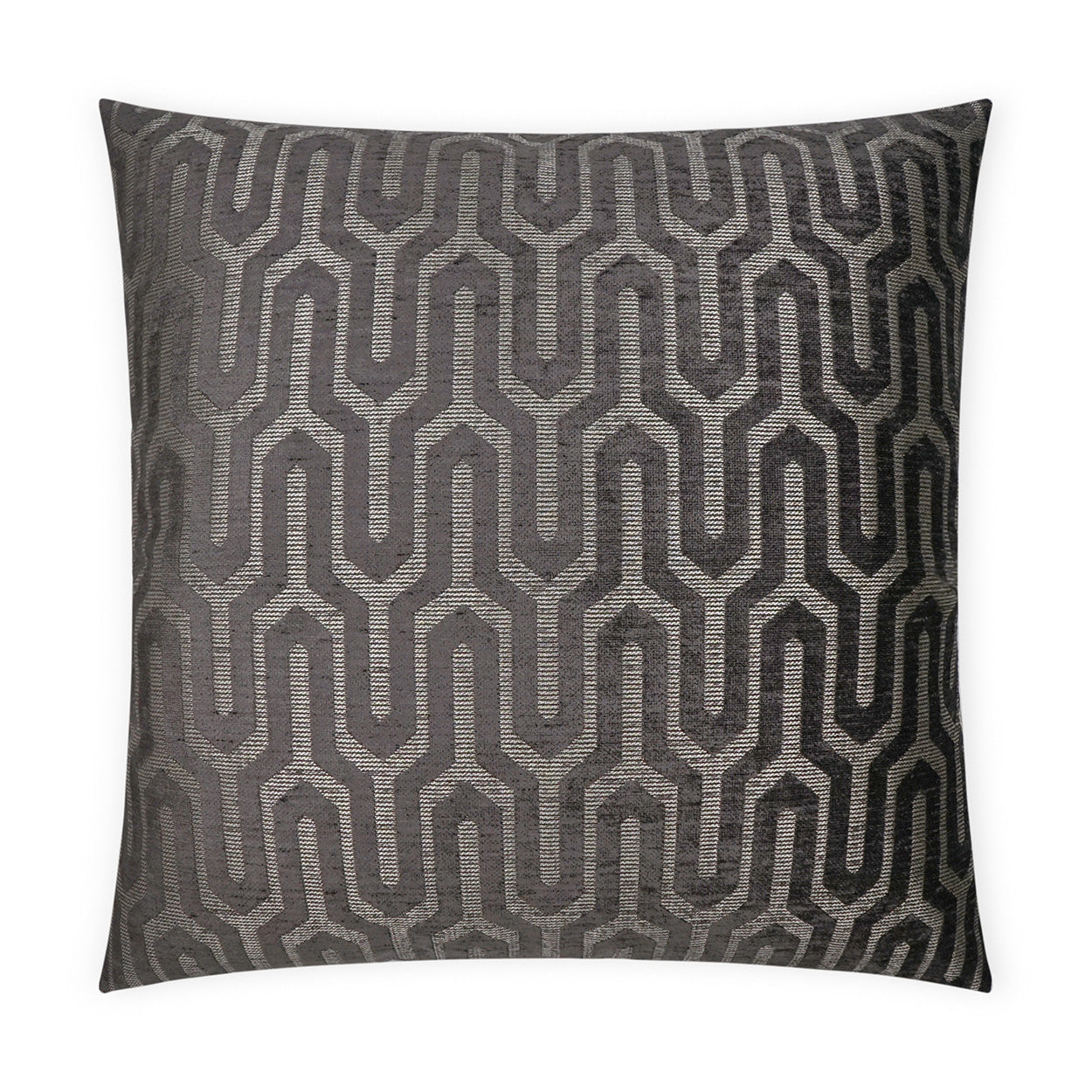 Charcoal gray square throw pillow with metallic silver geometric chain-link pattern and textured fabric.