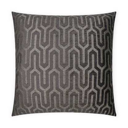 Charcoal gray square throw pillow with metallic silver geometric chain-link pattern and textured fabric.