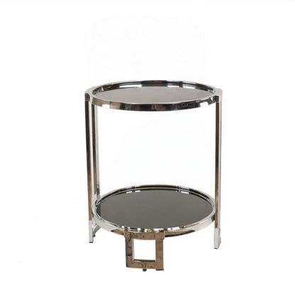 Chrome two-tier display stand with circular shelves and clear glass dome cover.
