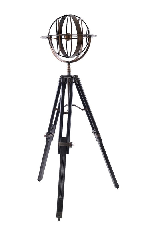 Bronze armillary sphere on a black tripod; vintage astronomy decor.