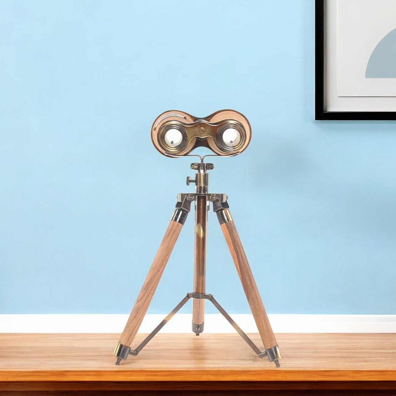 8" X 8" X 11" Wood Brass Binocular On Stand