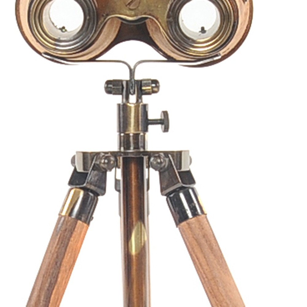 Vintage brass binoculars mounted on a wooden tripod with metal fittings.