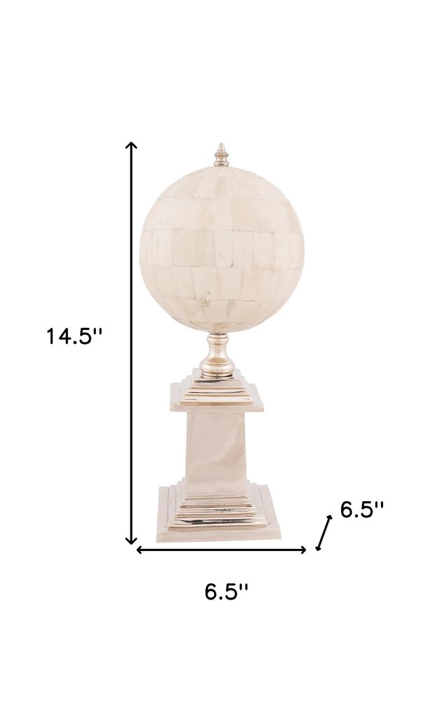 Bone-colored metal hand-painted figurine tabletop sculpture; decorative piece for desk or shelf, 14.5in tall.