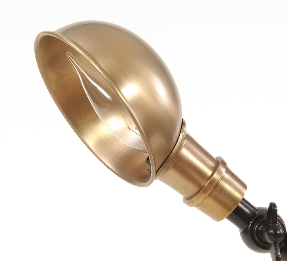 Antique brass lamp head with glass bulb, industrial vintage gooseneck wall-mount.