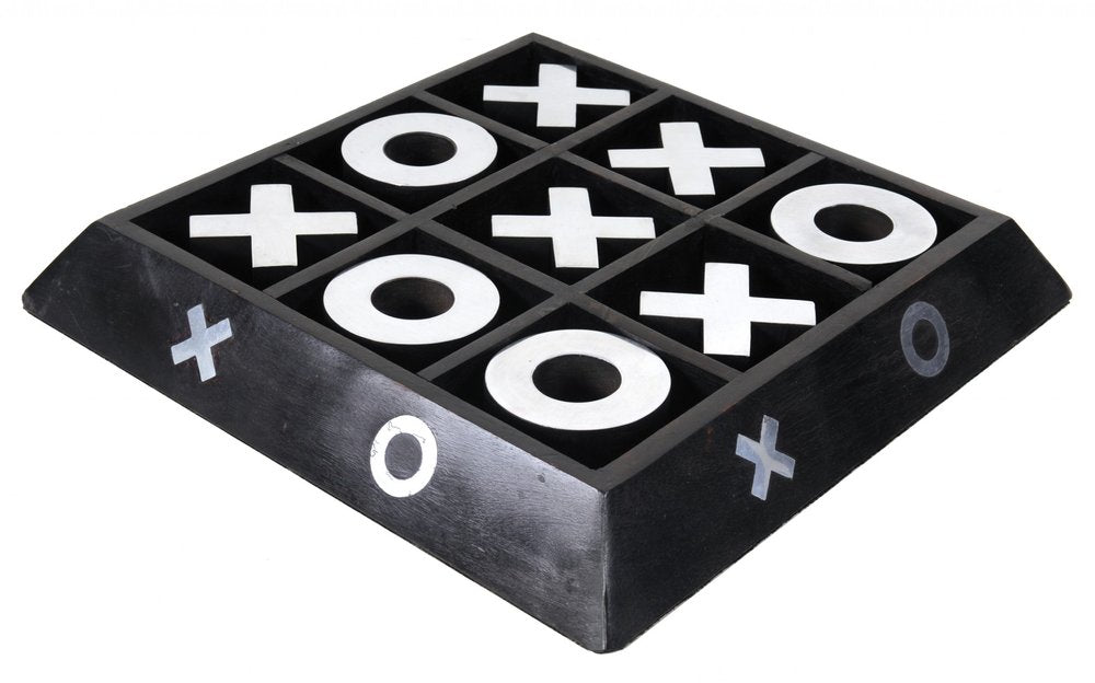 Nickel and dark wood tic-tac-toe game sculpture with a 3x3 grid and white X and O markers; angled view with decorative side X/O marks.