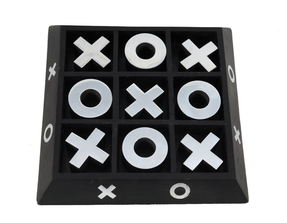 Black plastic tic-tac-toe board with white X and gray O tokens in a 3x3 grid, side X/O marks visible.
