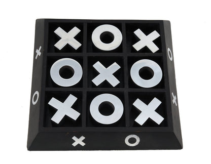 Black plastic tic-tac-toe board with white X and gray O tokens in a 3x3 grid, side X/O marks visible.