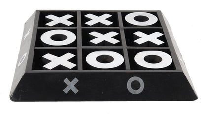 Nickel and dark wood tic-tac-toe game sculpture with a black grid and white X and O tokens, shown at an angled perspective.