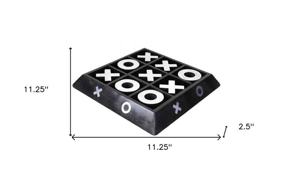 Nickel & dark wood tic-tac-toe sculpture with white X and O marks on top, beveled edges, 11.25" square and 2.5" thick.