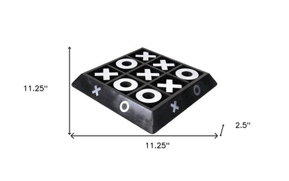 Nickel & dark wood tic-tac-toe sculpture with white X and O marks on top, beveled edges, 11.25" square and 2.5" thick.