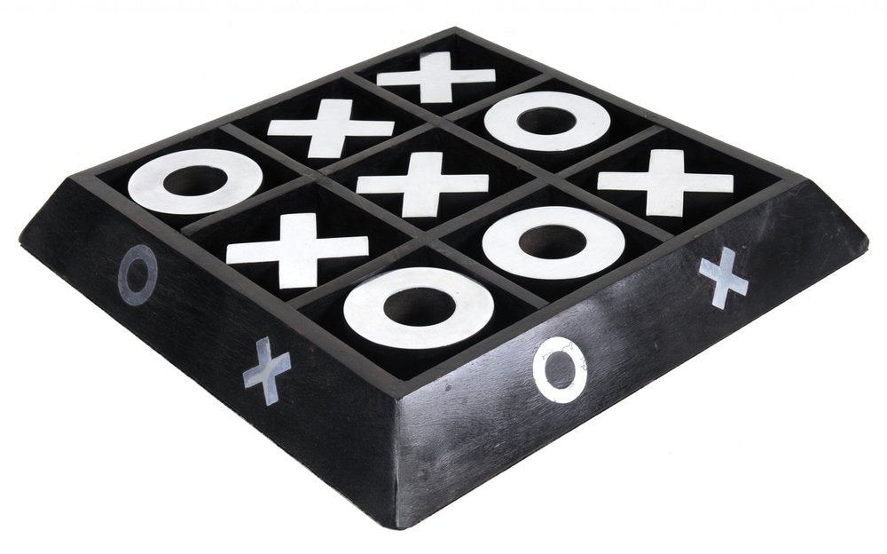 Black wooden tic-tac-toe board with white Xs and Os on a raised 3x3 grid.