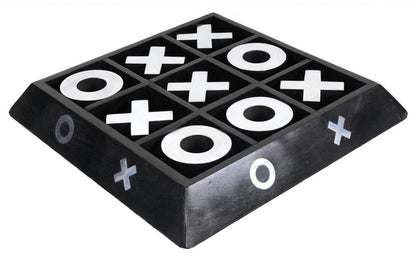 Black wooden tic-tac-toe board with white Xs and Os on a raised 3x3 grid.