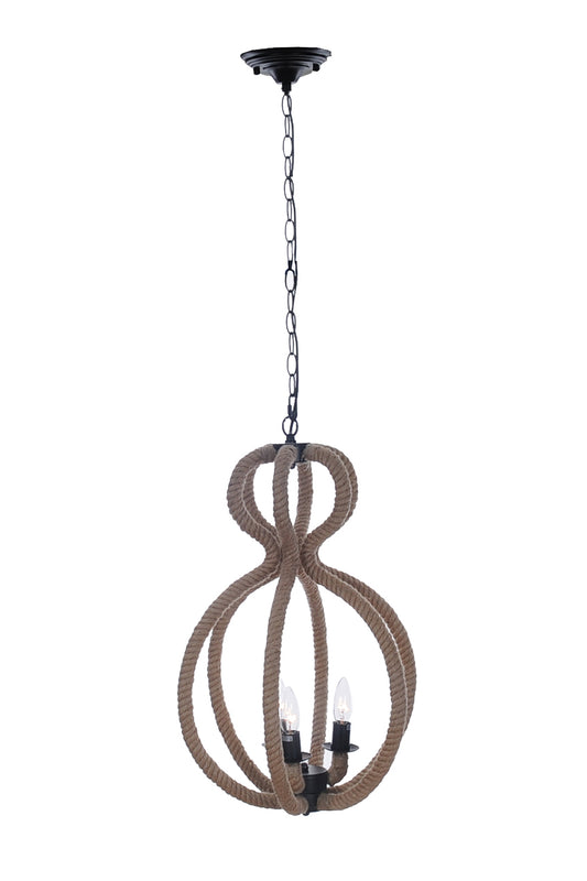 Natural and Black Iron and Rope Three Light Ceiling Light