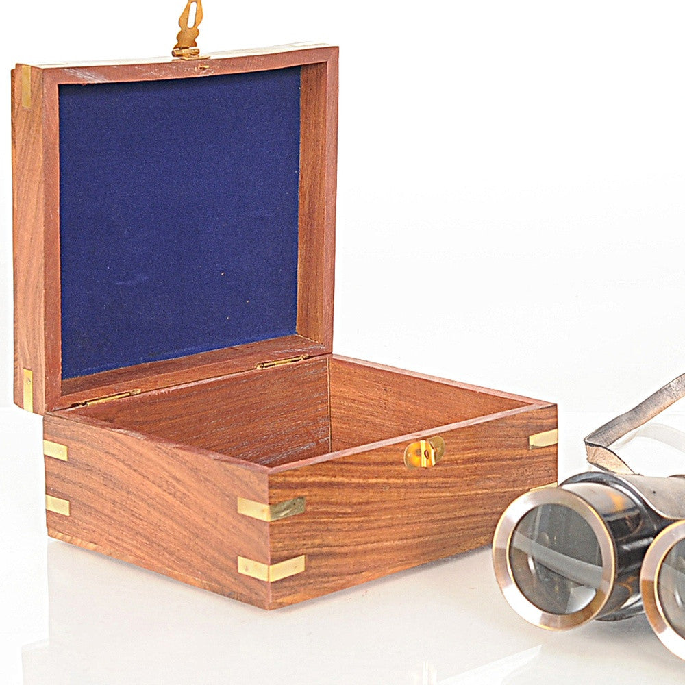 Rustic Brass And Leather Binoculars In Wood Storage Box