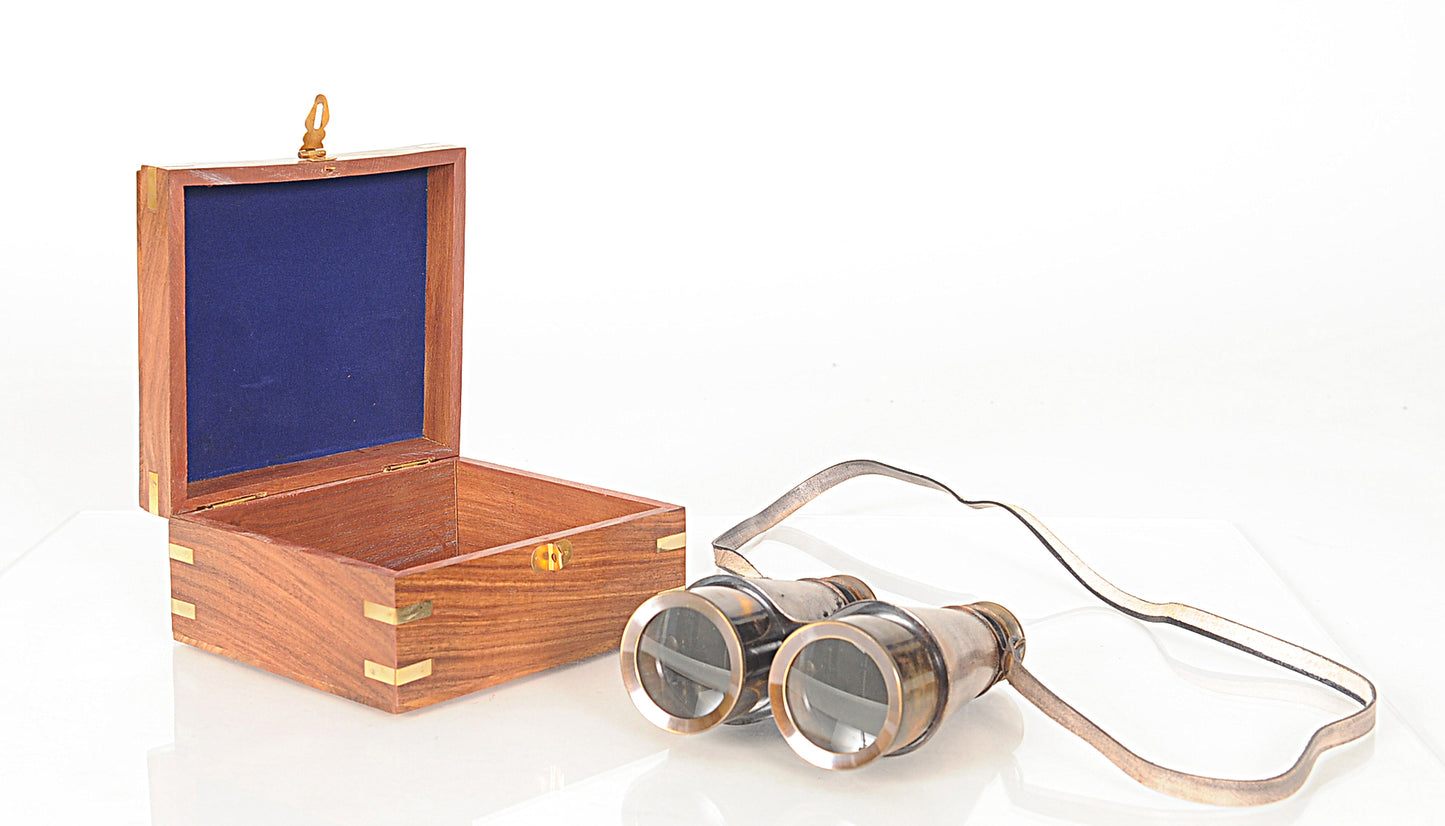 Rustic Brass And Leather Binoculars In Wood Storage Box