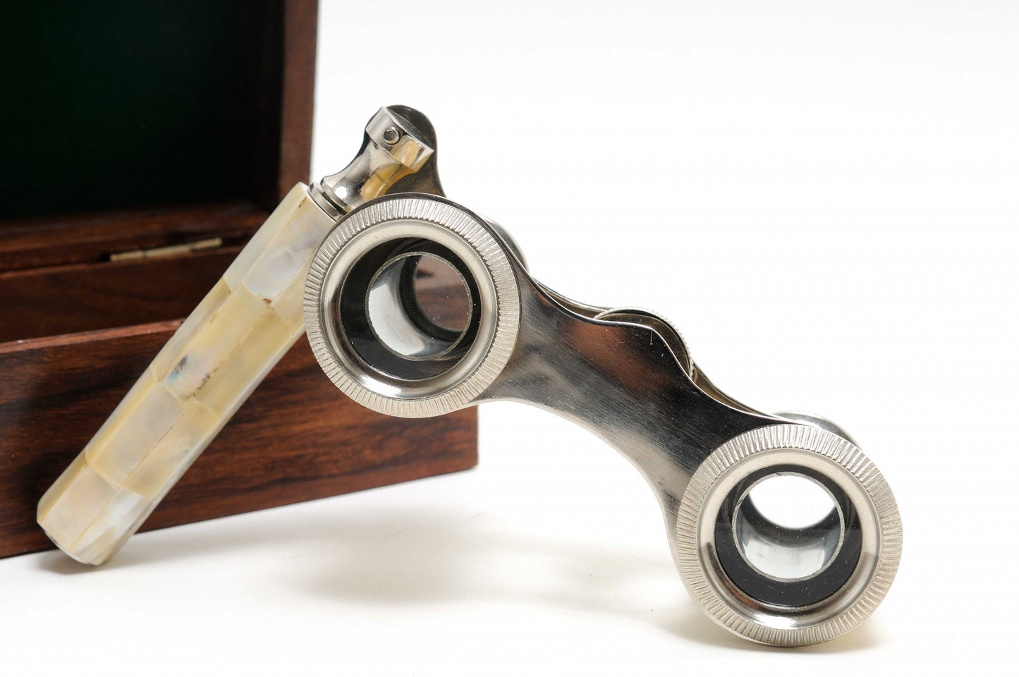 Elegant Mother Of Pearl Opera Glasses In Wood Storage Box