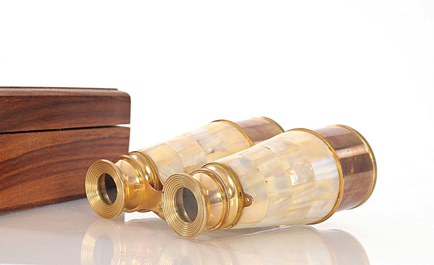 Elegant Brass And Mother Of Pearl Binoculars In Wooden Storage Box