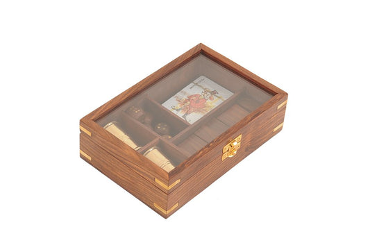 Two-tone wooden rectangular jewelry box with glass lid, brass latch, and multiple internal compartments.