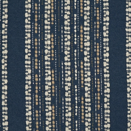 Navy blue woven fabric with vertical cream and tan dotted stripes.