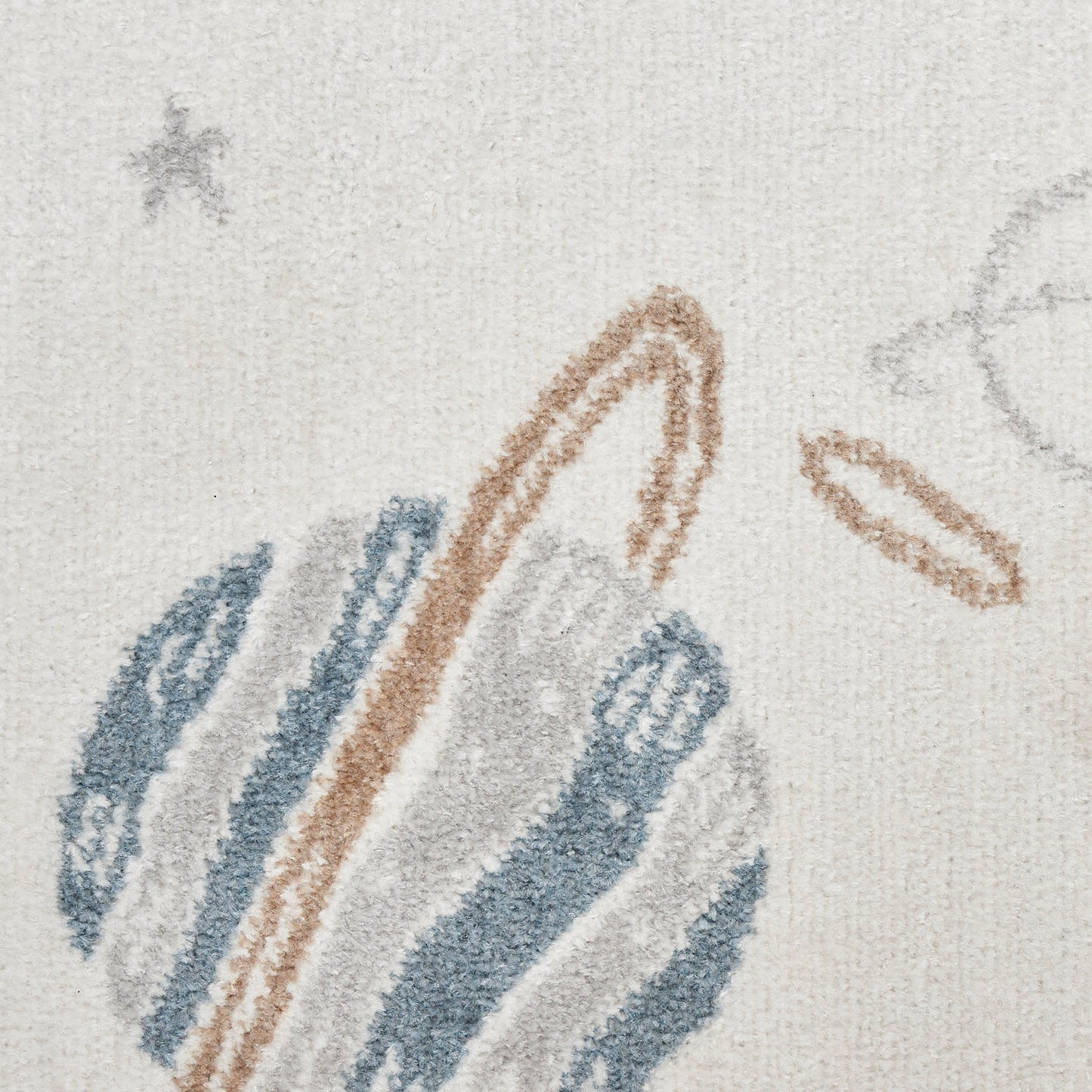 Beige woven rug featuring a blue striped circular motif with brown curved arc accents; modern abstract style.