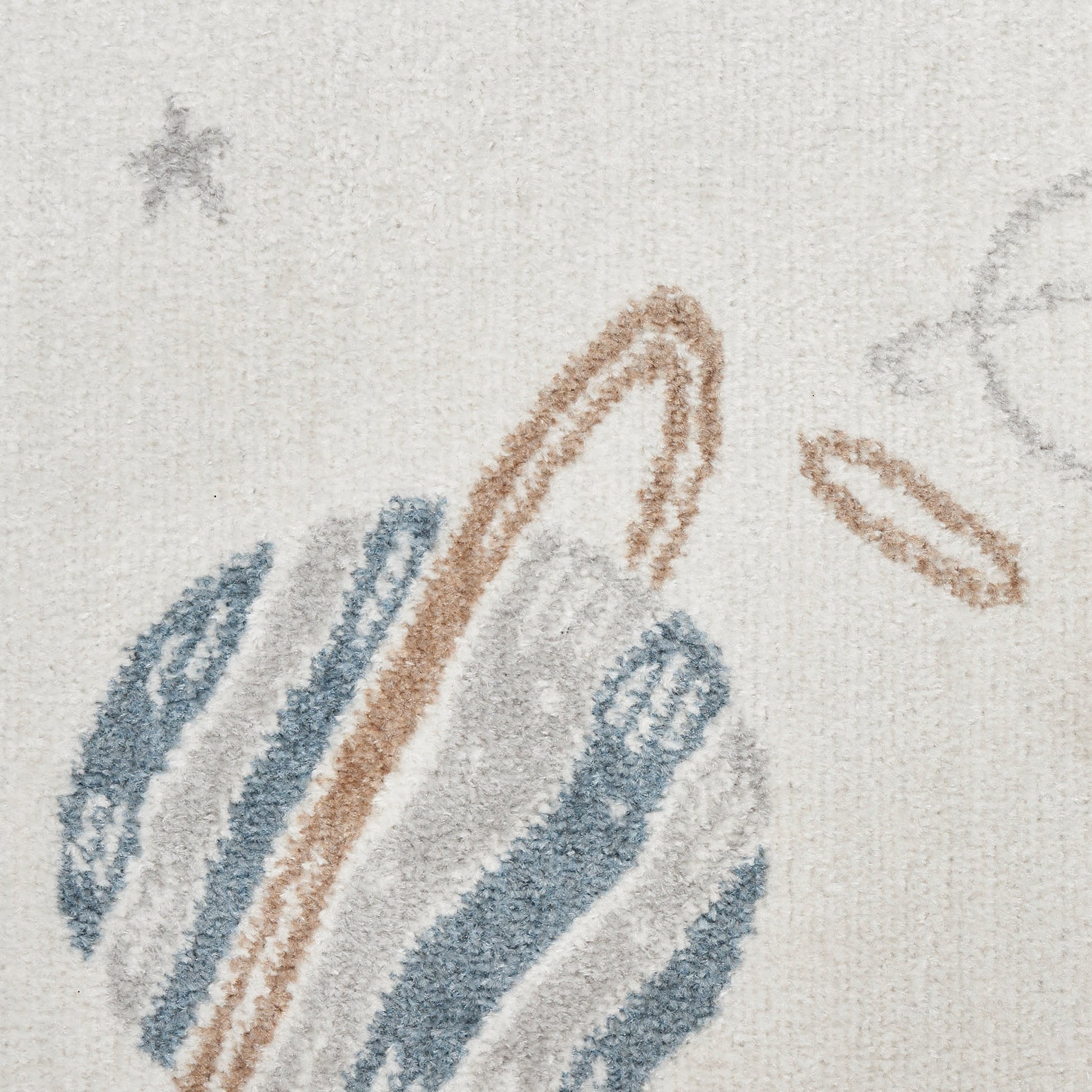 Beige woven rug featuring a blue striped circular motif with brown curved arc accents; modern abstract style.