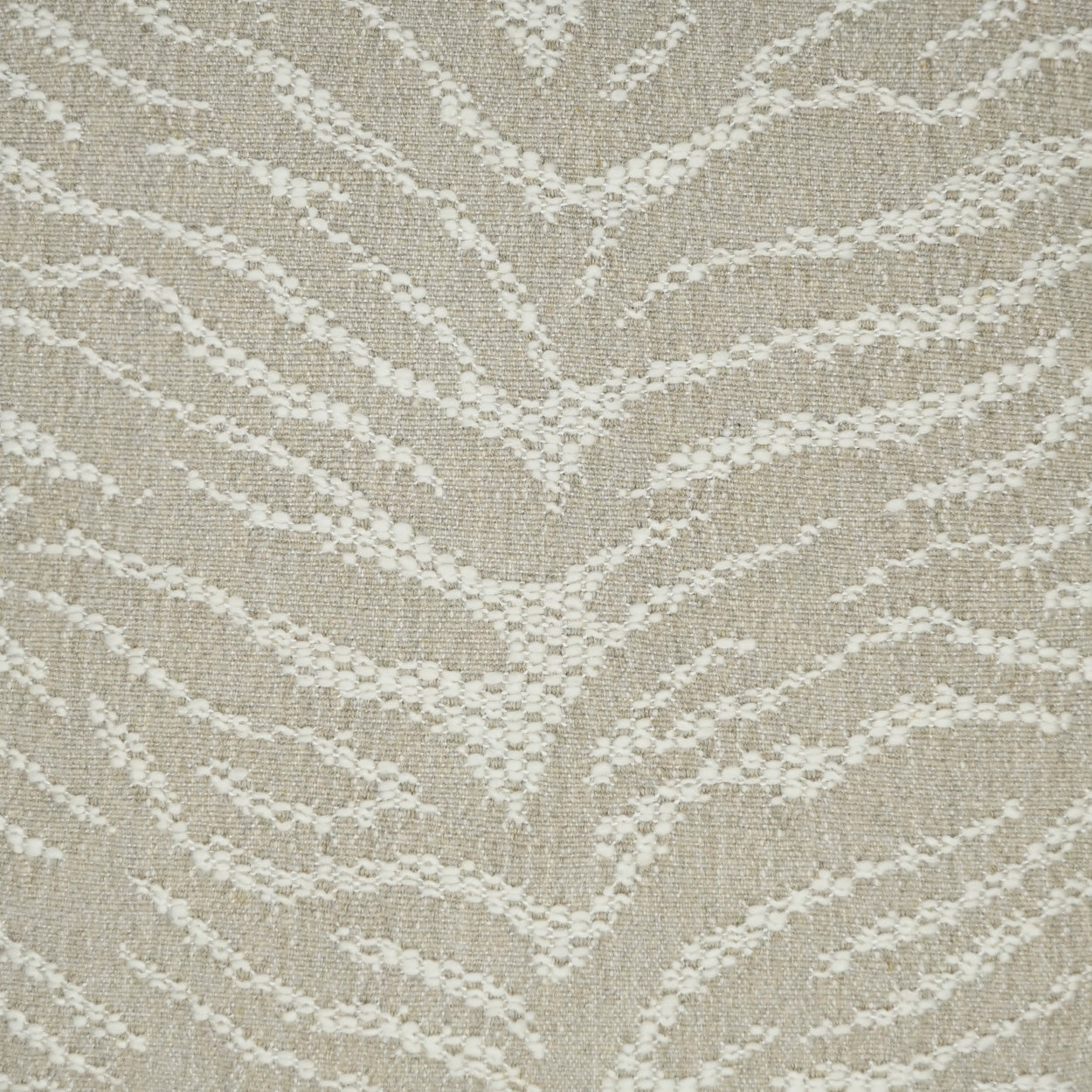 Beige textured fabric with white zebra-like woven stripes; versatile upholstery or drapery material.
