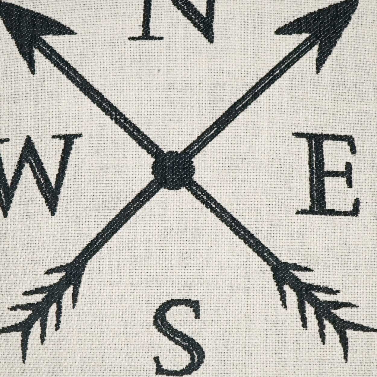 Textured fabric featuring a black compass rose with crossed arrows at the center and N, E, W, S letters.