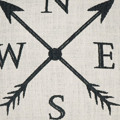 Textured fabric featuring a black compass rose with crossed arrows at the center and N, E, W, S letters.