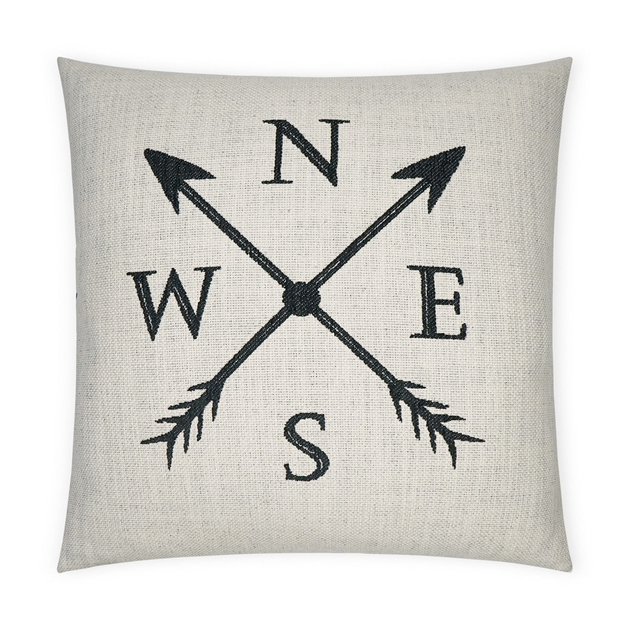 Beige linen-look throw pillow with a black compass rose made of crossing arrows showing N, S, E, W.