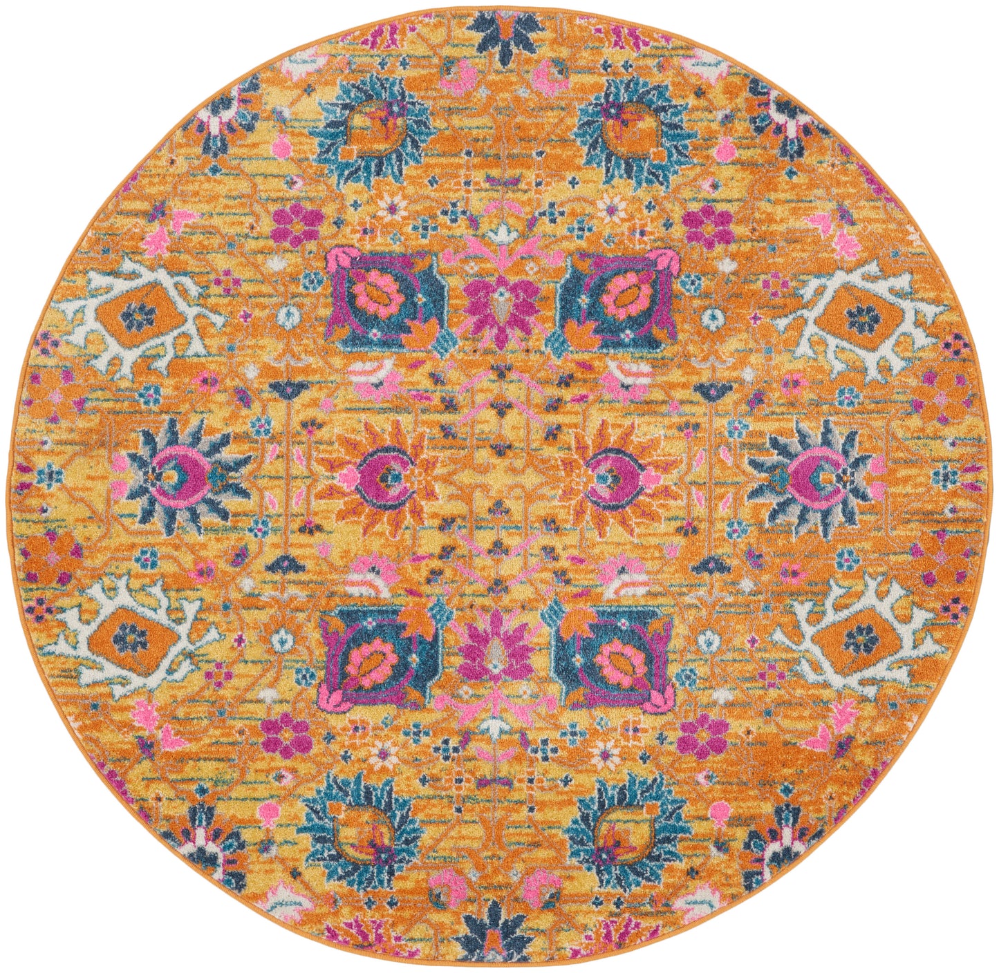 Round orange rug with bright pink, teal and purple floral motifs in an ornate oriental/kilim design.