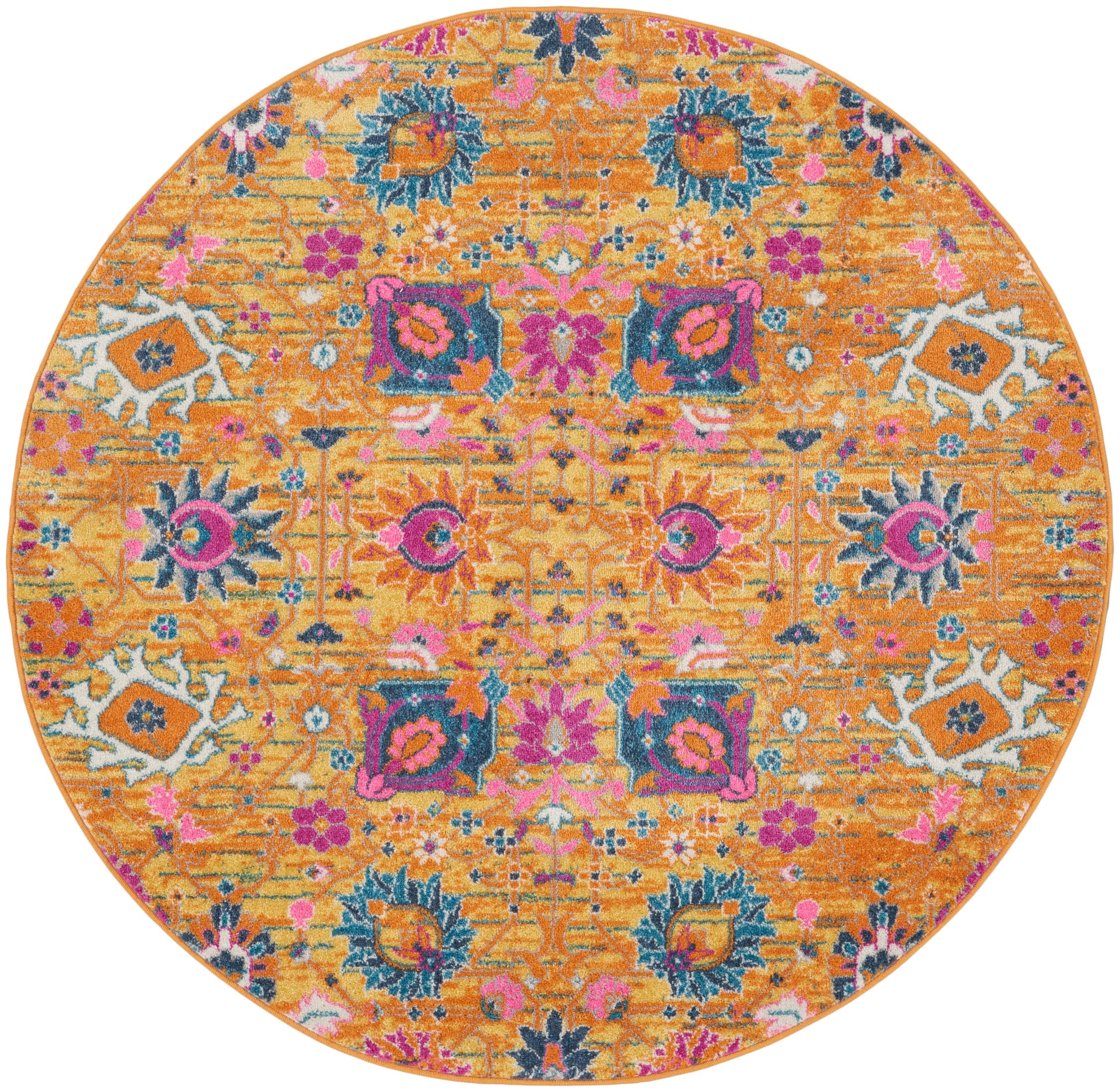 Round orange rug with bright pink, teal and purple floral motifs in an ornate oriental/kilim design.