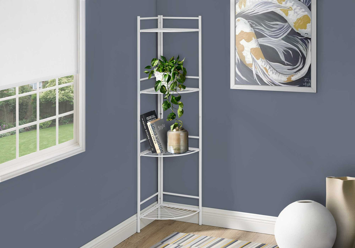 58" White Metal Corner Bookcase