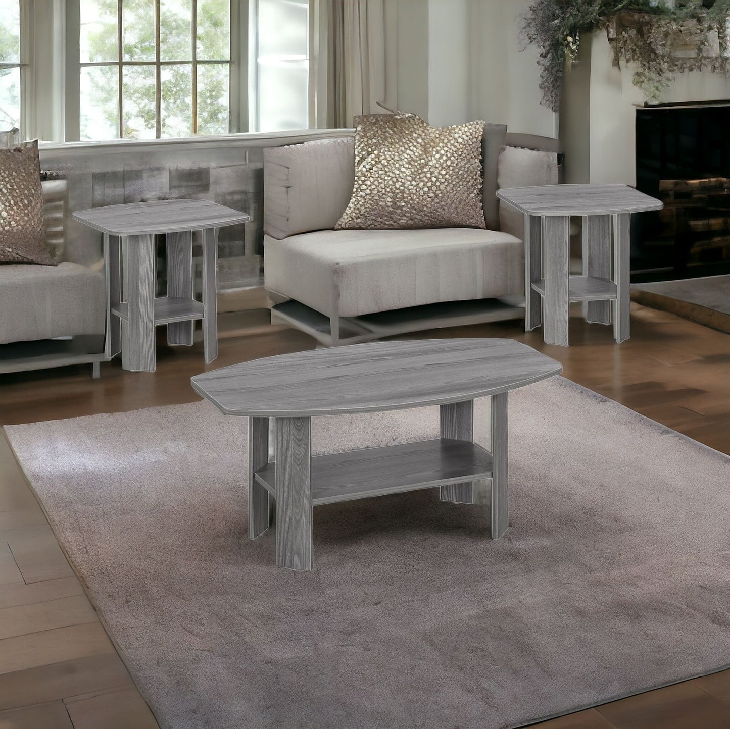 Set of Three 36" Gray Coffee Table With Shelf