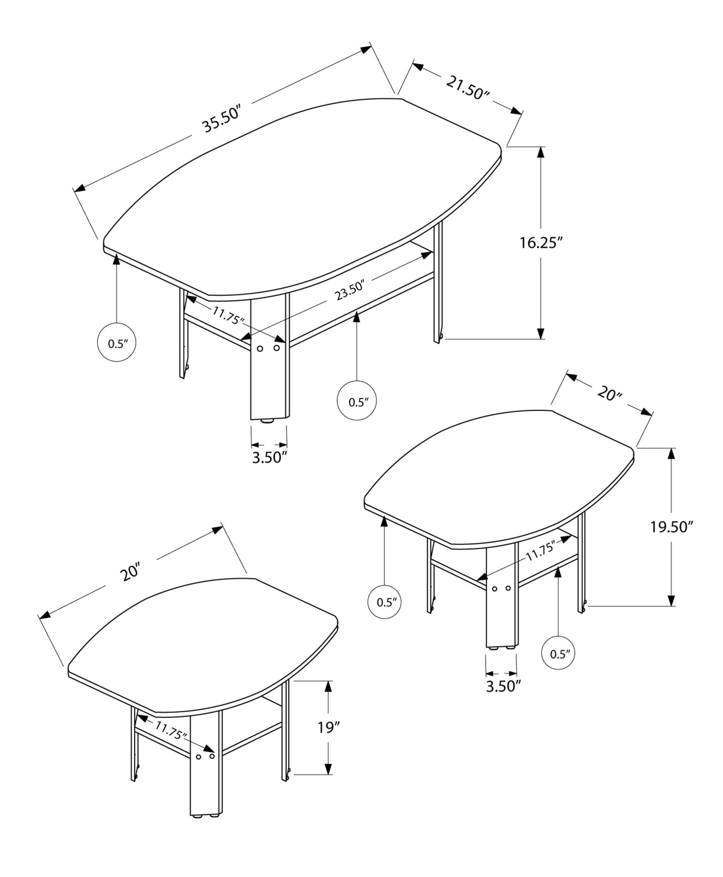 Set of Three 36" Taupe Coffee Table With Shelf