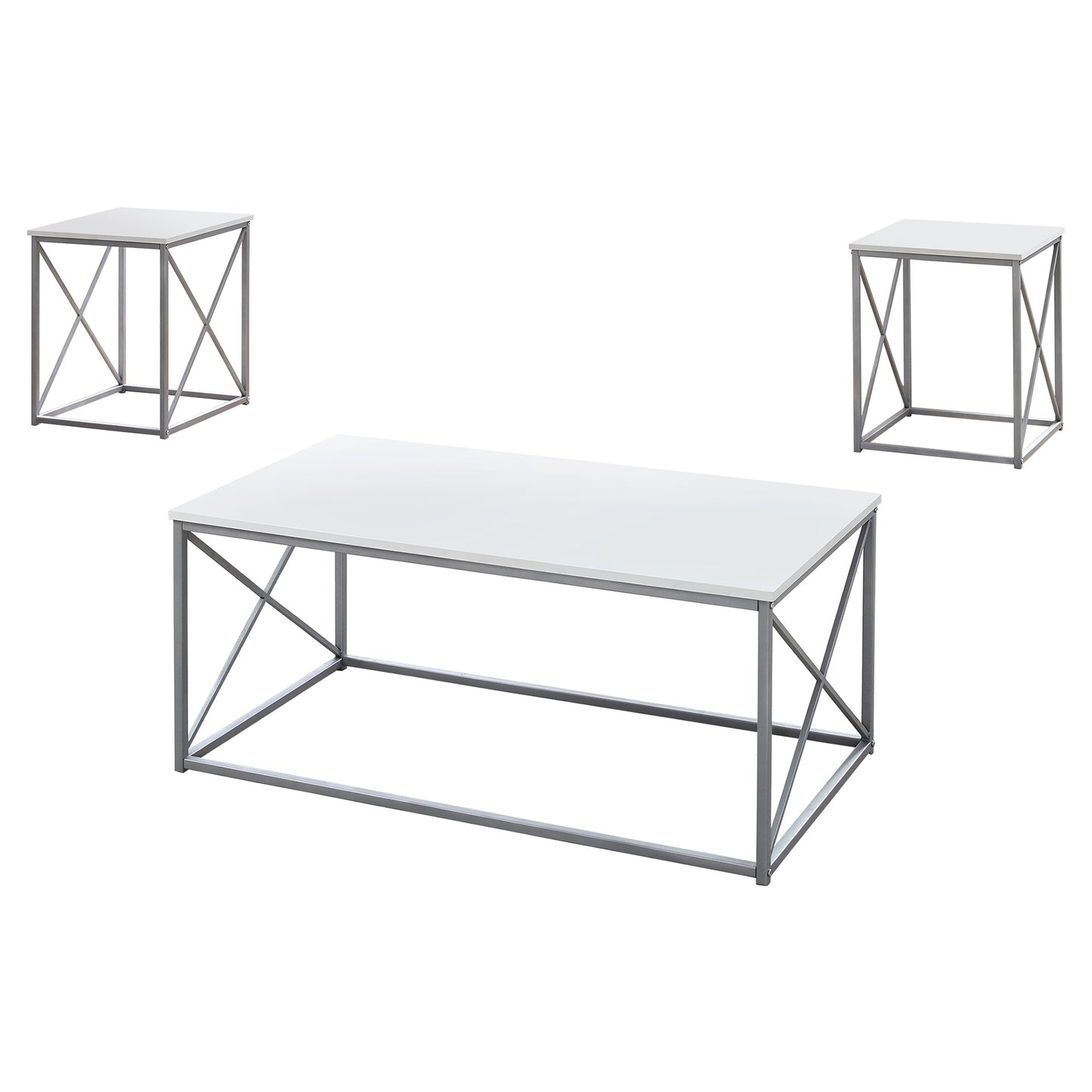 Set of Three 42" White And Silver Metal Coffee Table