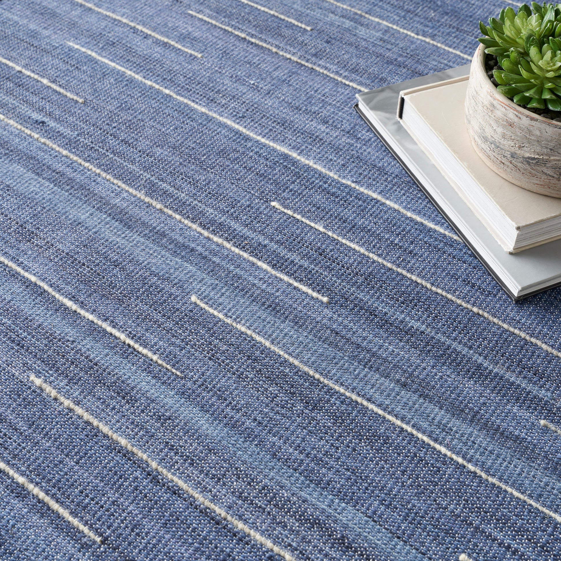 Blue woven rug with cream linear stripes; corner decor shows books and a small potted succulent.