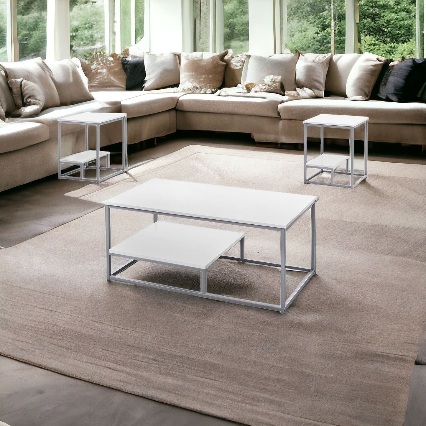 Set of Three 42" White And Silver Metal Coffee Table With Shelf