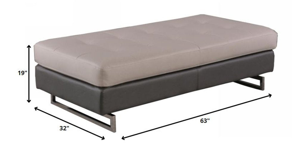 63" White and Silver Faux Leather Ottoman