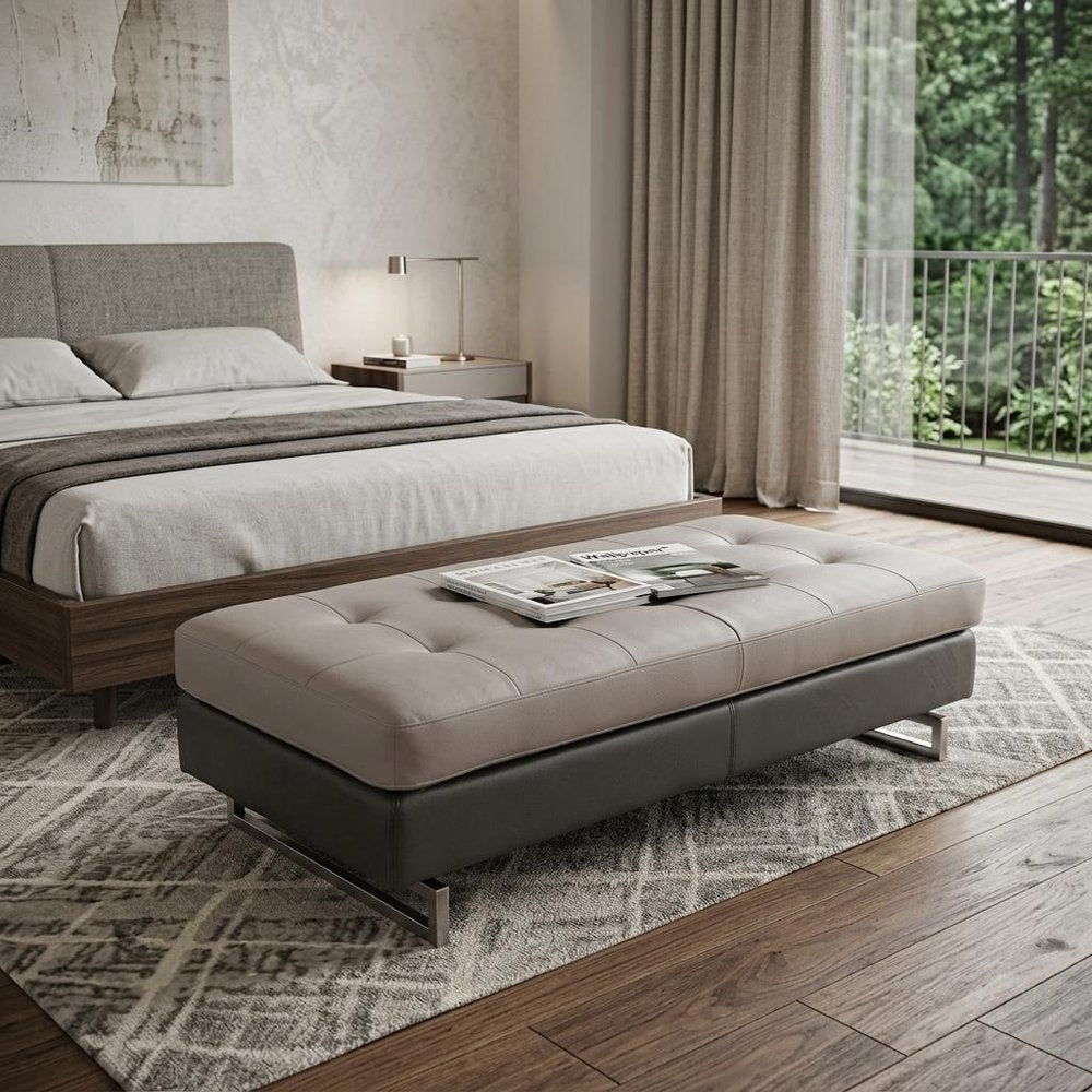 63" White and Silver Faux Leather Ottoman
