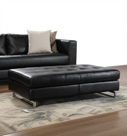 63" Taupe Brown and Silver Faux Leather Tufted Ottoman
