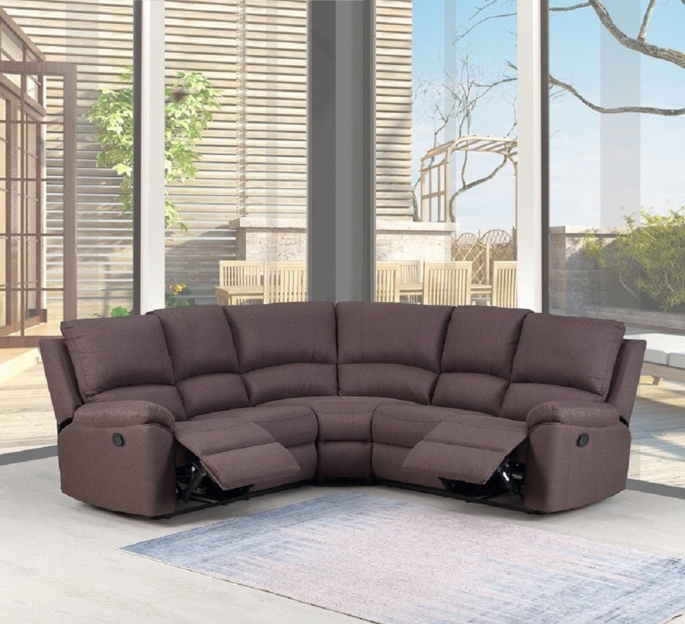Curved dark brown fabric sectional with reclining ends, tufted back cushions, modern living room setting.